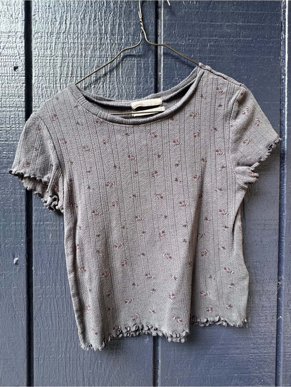 Urban Outfitters Olive Green Ribbed Short Sleeve Tee with Tiny Floral Dots